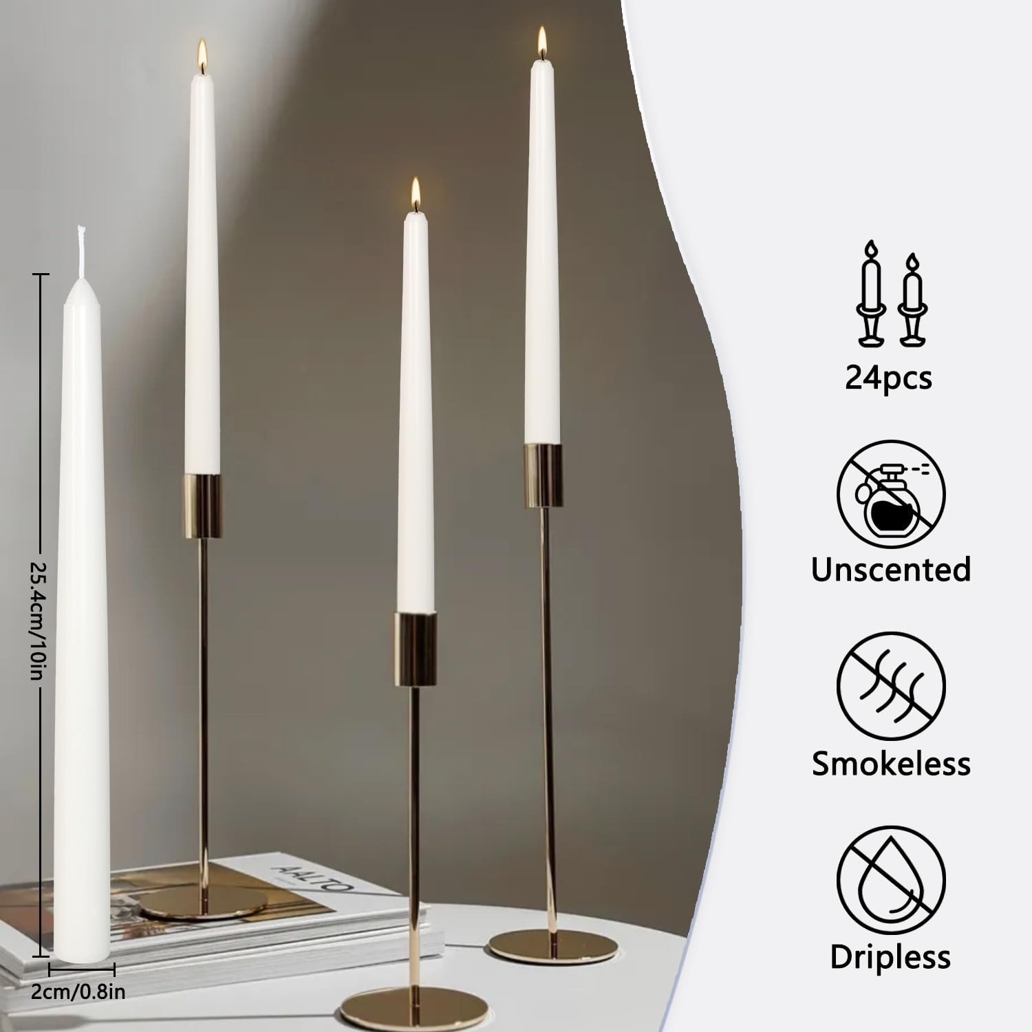 24 PCS 10 Inch White Taper Candles Dripless Smokeless Unscented Long Burning