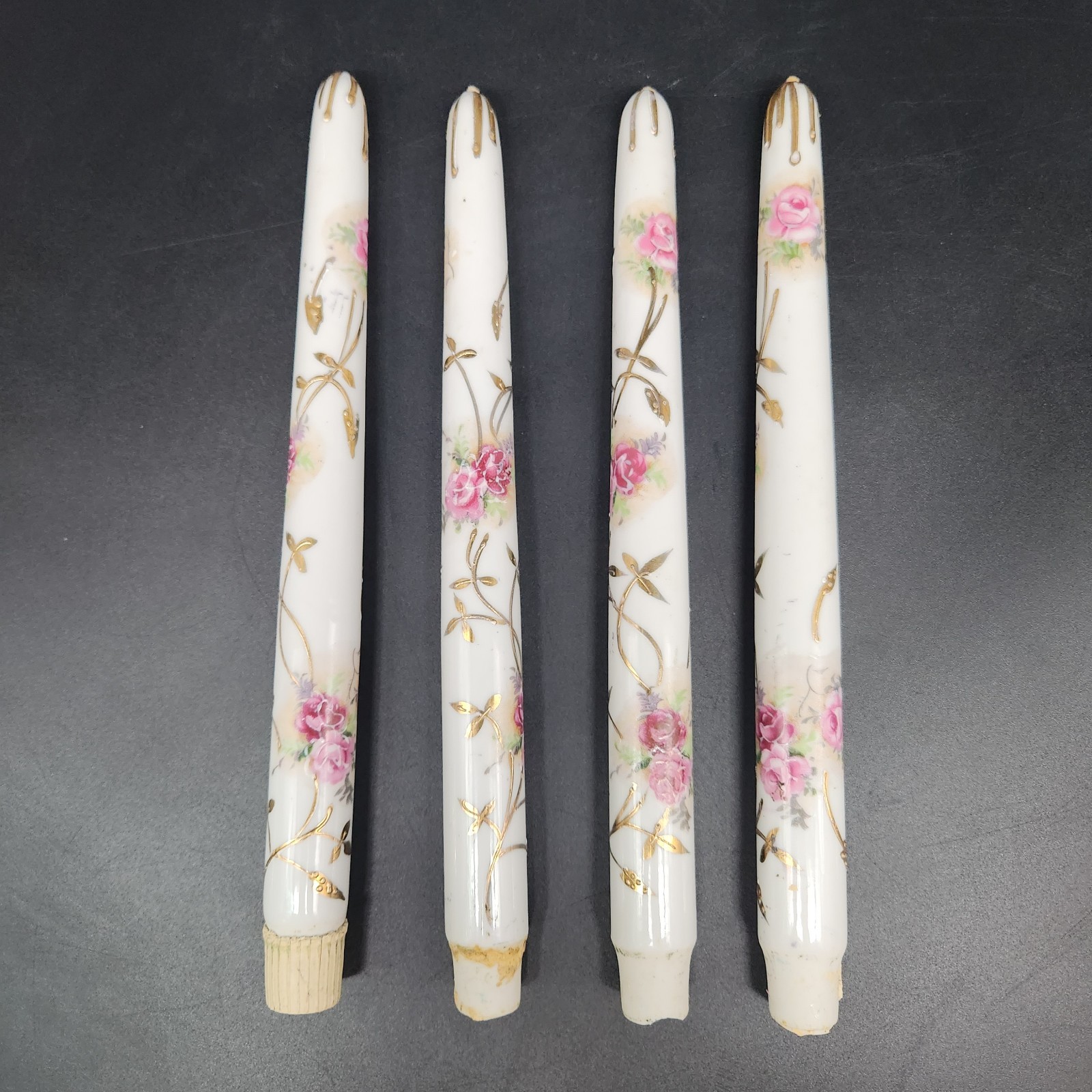 Set of 4 Antique? Porcelain Faux Taper Candles Hand Painted Floral Gold Accents