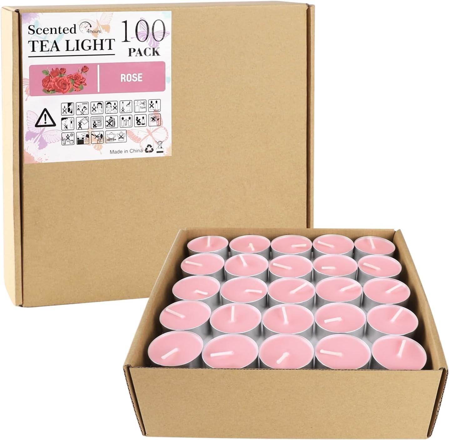 Pink Rose Scented Tea Light Candles Bulk 100 Pack Long Lasting Indoor Decor