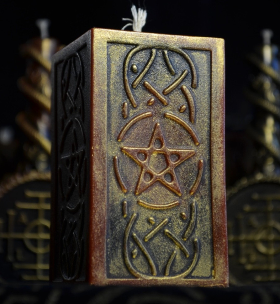 Pentagram Beeswax Pillar Candle Hand Painted Gold Occult Altar Decor Witchy Gift