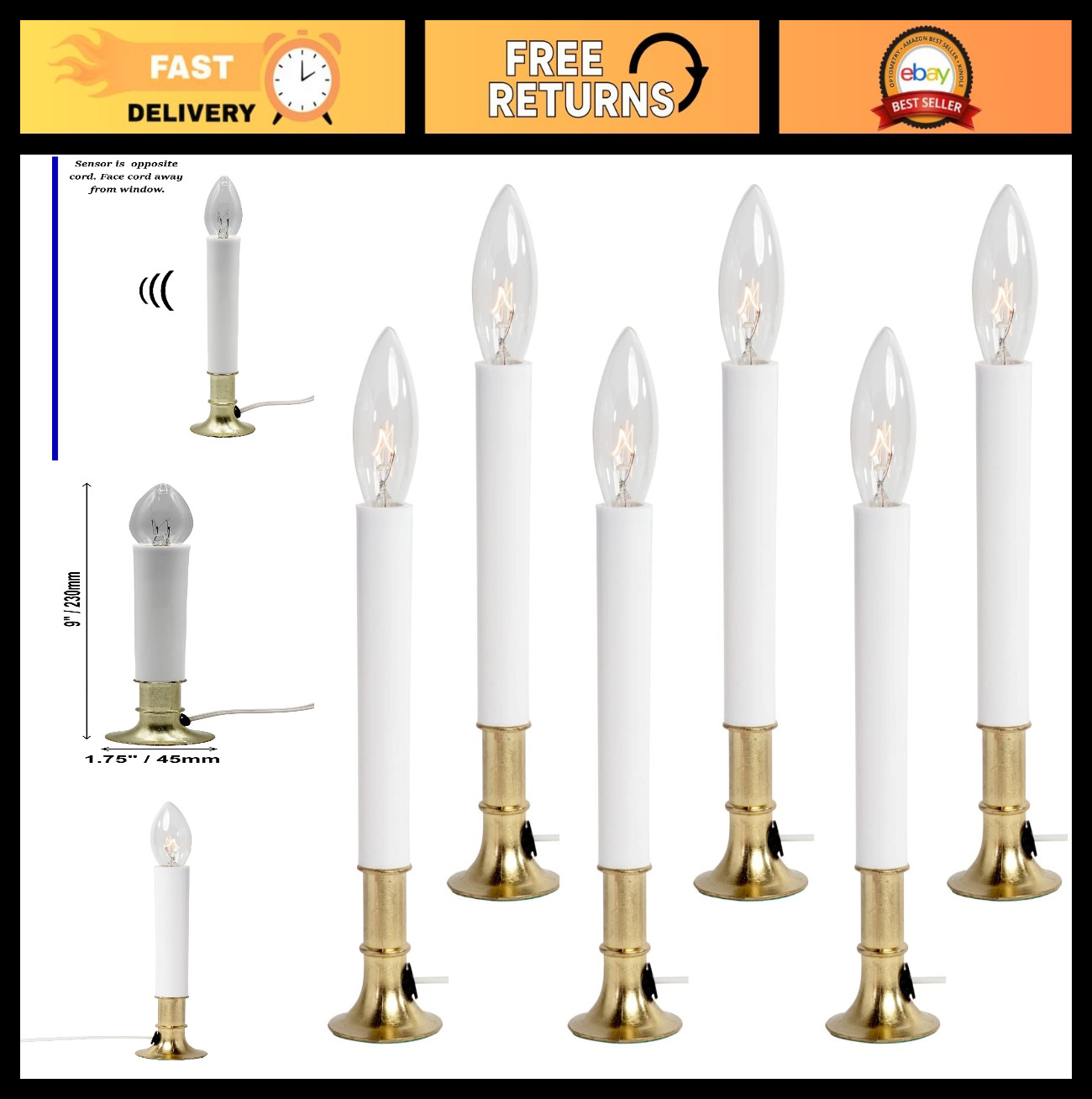 Electric Window Candle Lamp Set – Dusk to Dawn Sensor, Brass Base, 6 Pack