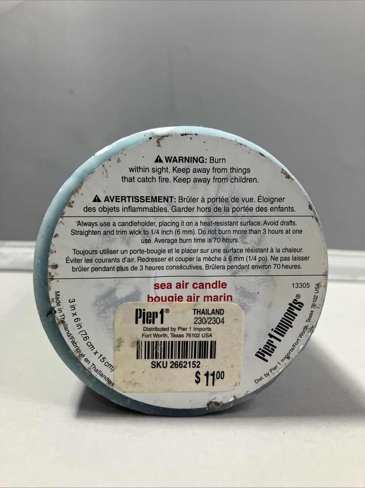 Pier 1 imports Sea Air Collection 3″x6” Scented Pillar Wick Candle Aqua Used