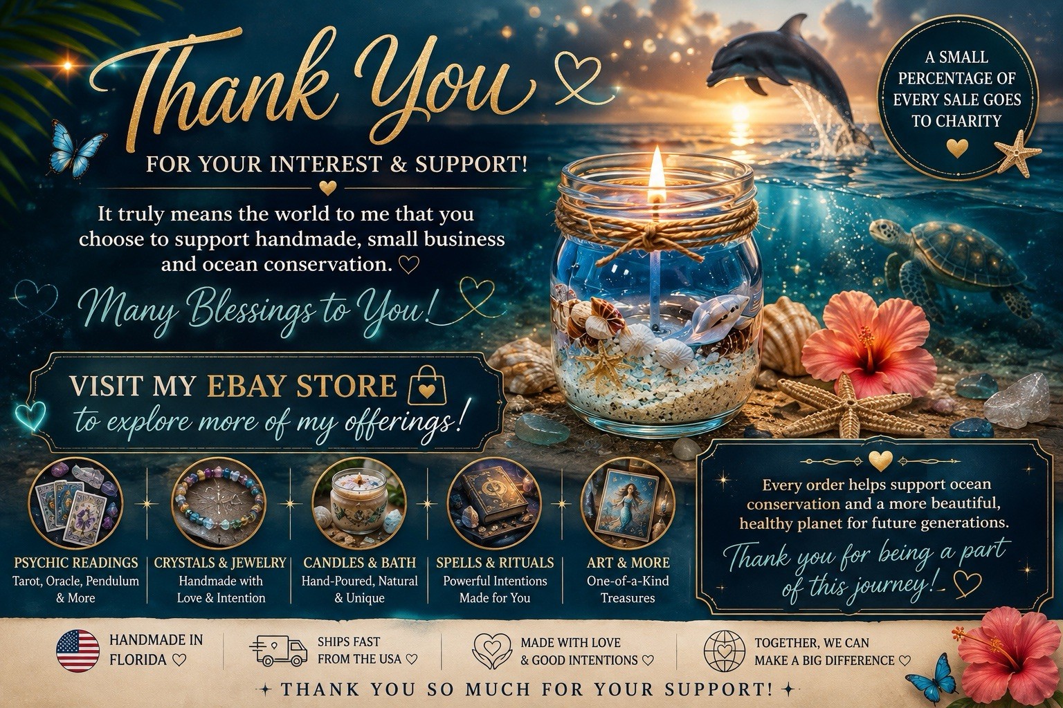 Handmade Ocean Florida Gel Candle Soy Wax Real Seashells, Sea Salt & Starfish
