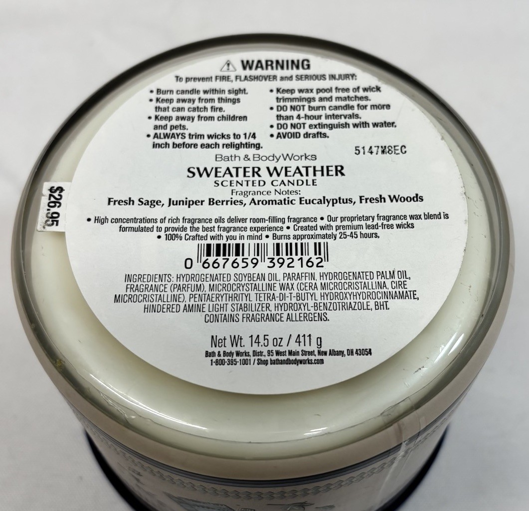 Bath & Body Works SWEATER WEATHER 🧥 Scented 3 Wick WHITE BARN Candle 25-45 Hrs