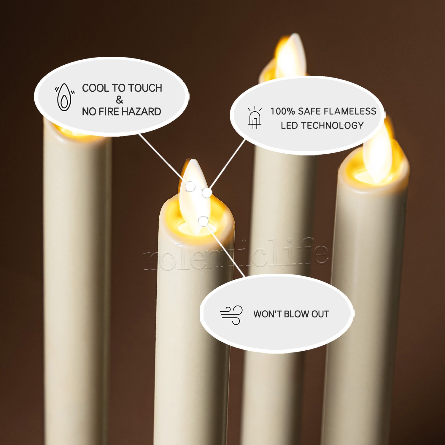 Luminara ivory Flameless Taper Candles Real Wax Moving Wick Timer 9.5″