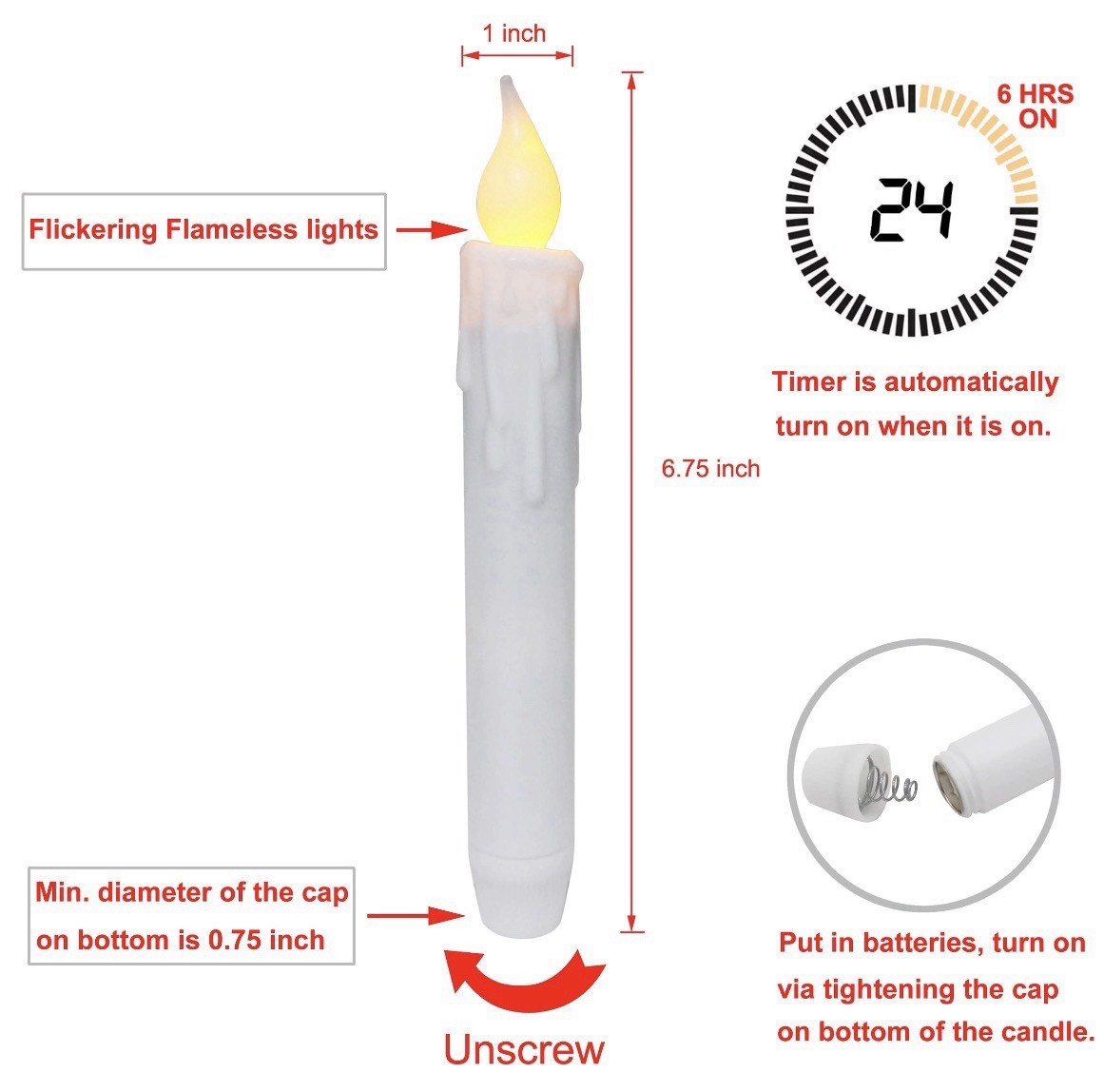 6 PCS Flickering Taper Candles LED Drip Flameless Candles, Battery Oper