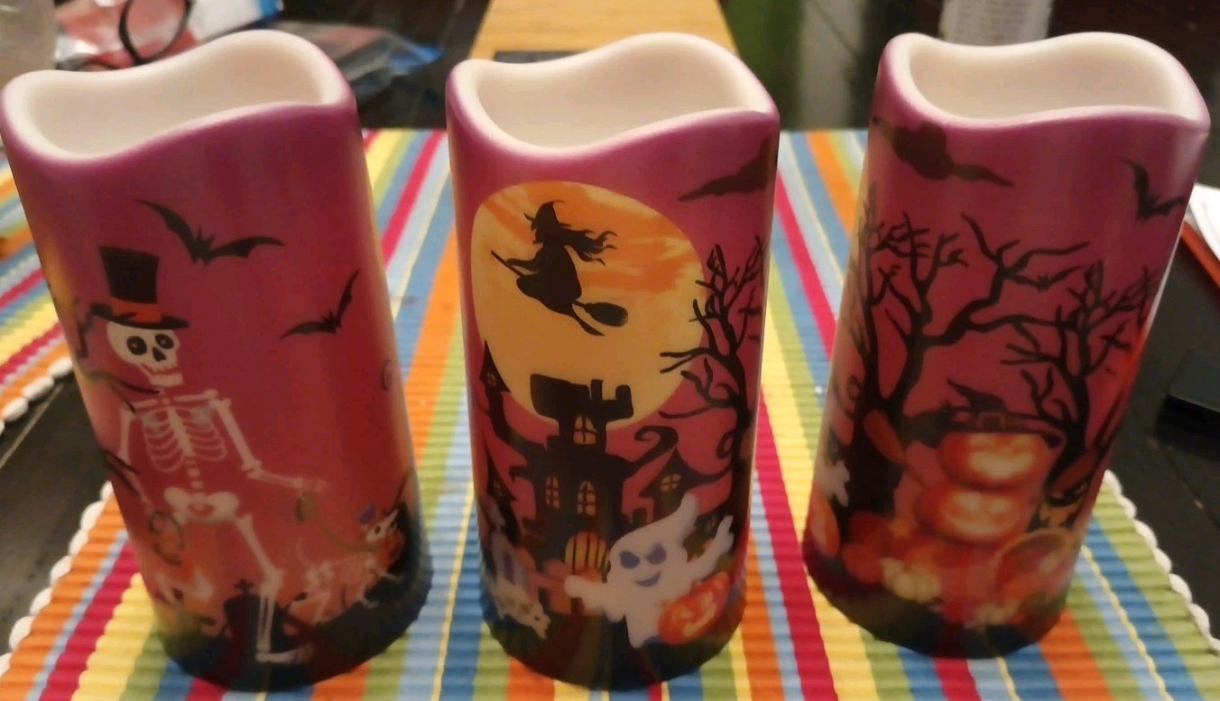 Three Pack FUN Halloween Themed Flameless Candles FRESH AAA BATTERIES INCLUDED