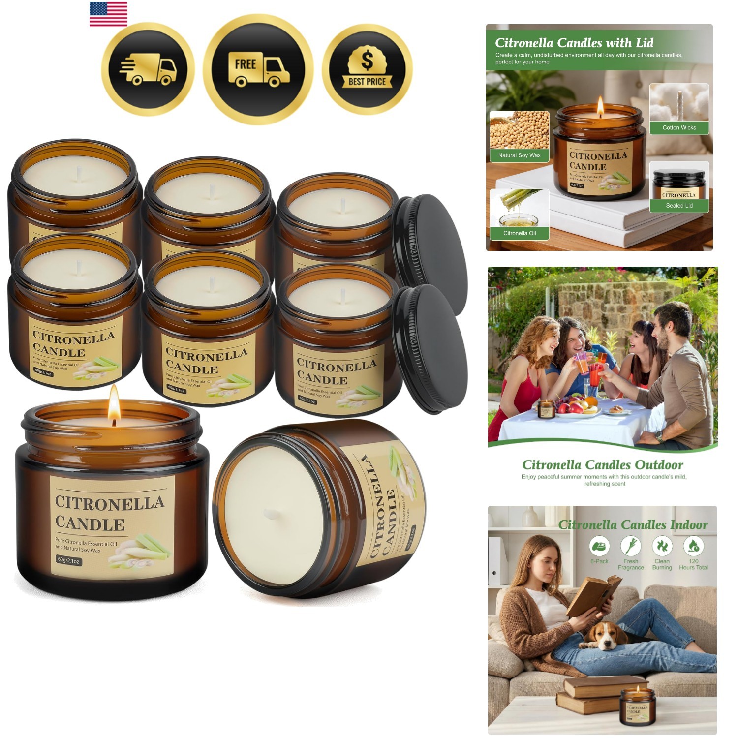Citronella Candles Outdoor, 8 Pack Citronella Candles with Lids, 120 Hours Bu…