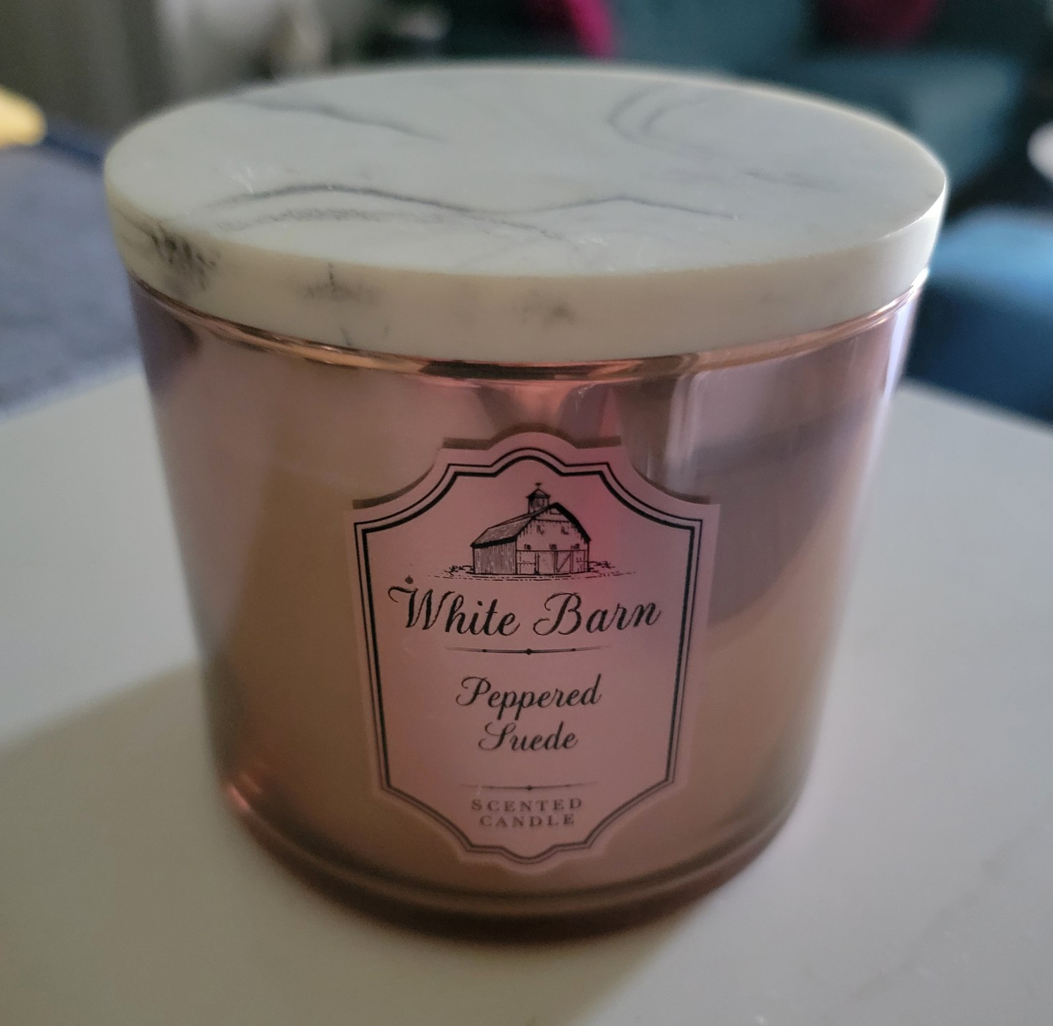 White Barn Peppered Suede Candle Rose Gold Jar, 3 Wicks , Marble Top. Very Rare!