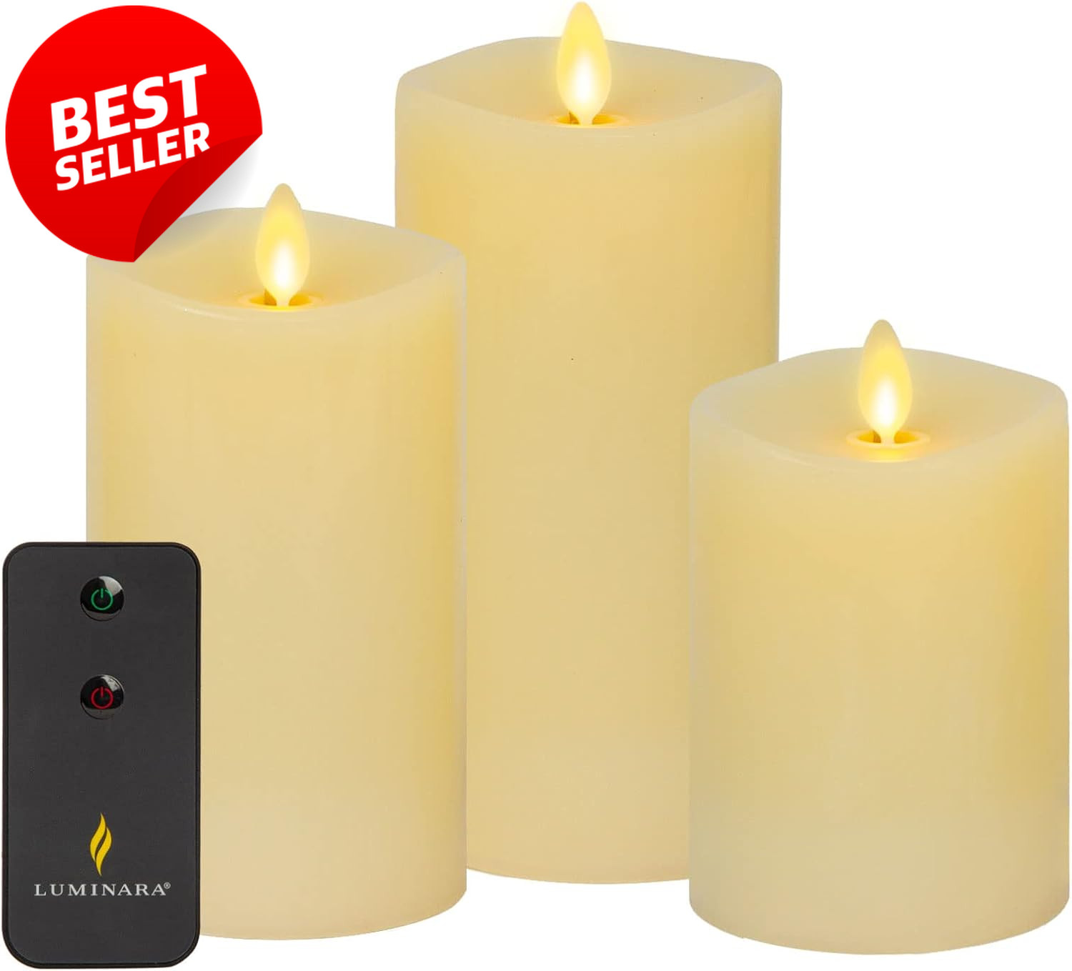 Flameless LED Pillar Candles Set of 3 Ivory Moving Flame Remote Timer – US