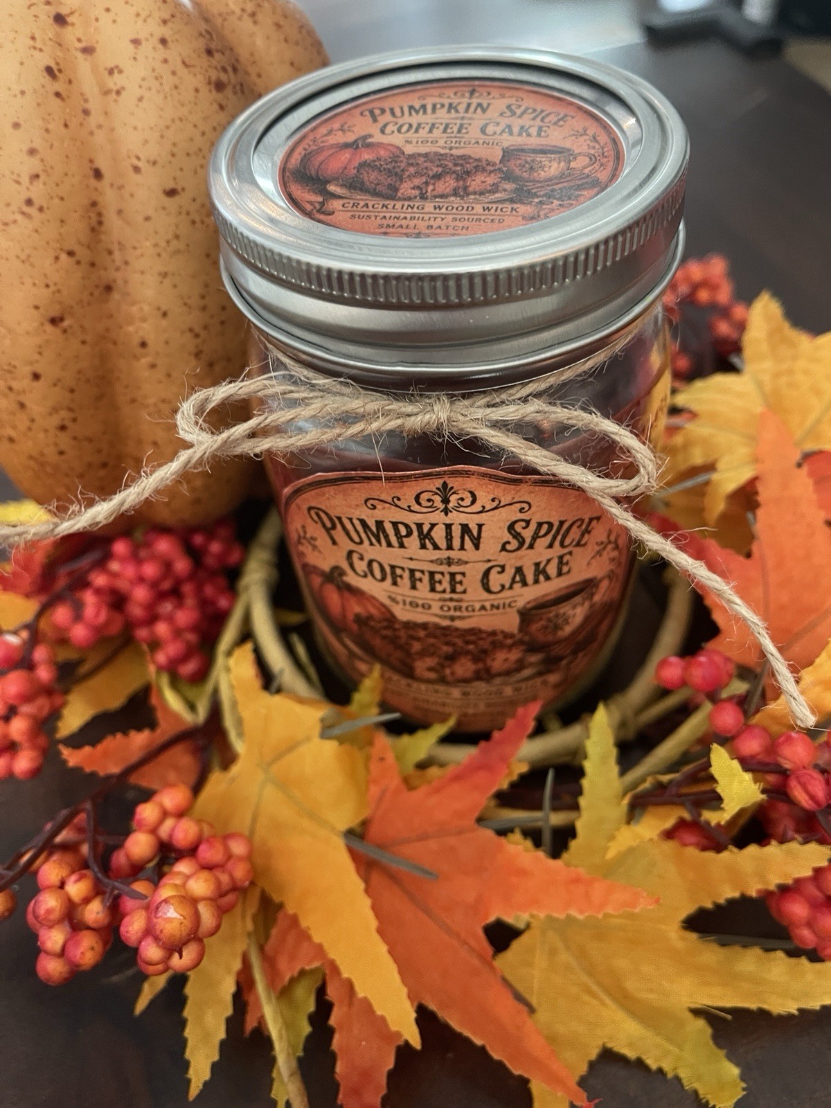 Organic Pumpkin Spice Coffee Cake Candle Crackling Wood Wick Highly Fragrant