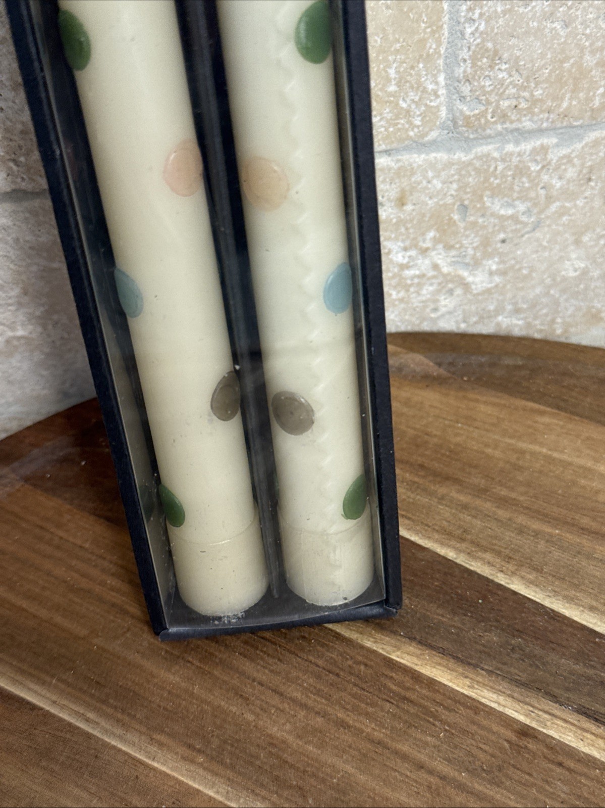 MacKenzie Childs Glow Taper Candles Dinner Multi Color Polka Dots Set of 2