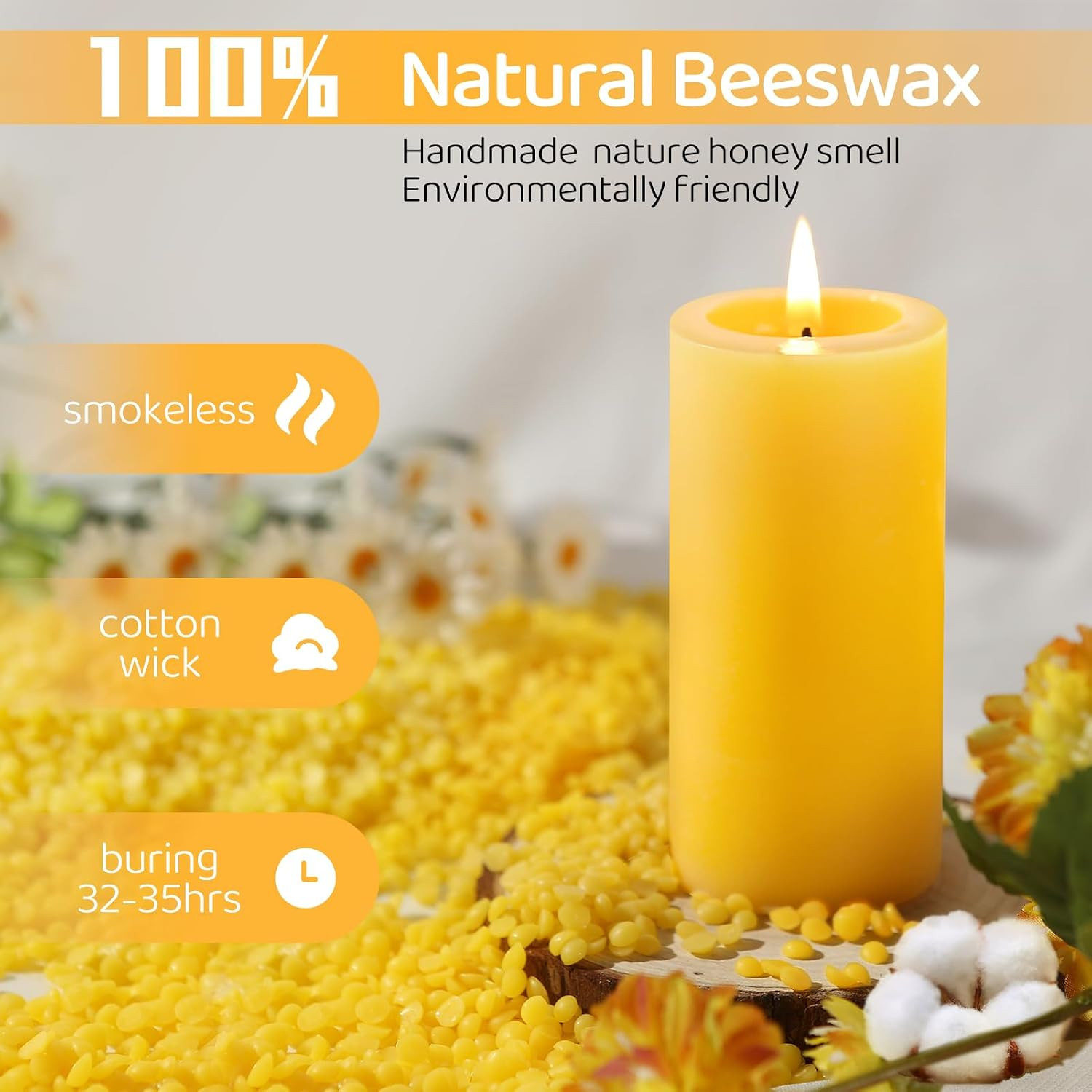 Natural Beeswax Pillar Candles, Non Toxic,2×4 Inch, 4 Pack,140 H Long Burn | 100
