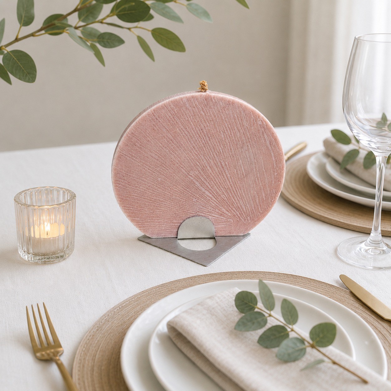 Klaner Geo Kerze Disc Candle with Aluminum Stand Pink Geometric Art Deco Austria