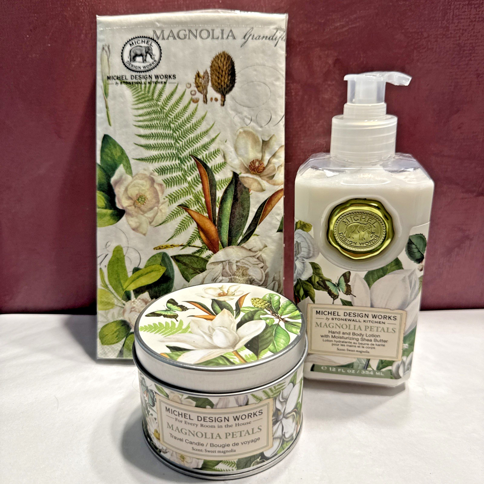 Michel Design Works MAGNOLIA PETALS Candle, Lotion & Hostess Guest Towel Napkins