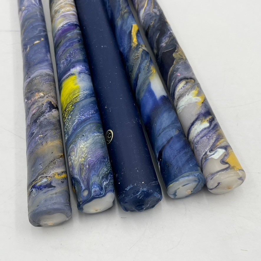 Vintage Mid-Century MCM Set of 5 11.5” Taper Candles Purple Gold Swirl “Tie Dye”