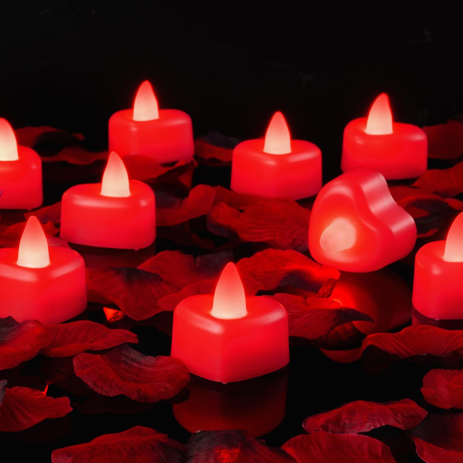 1000 Pieces Red Artificial Rose Petals with 12 Red Heart LED Tea Lights, Rose…