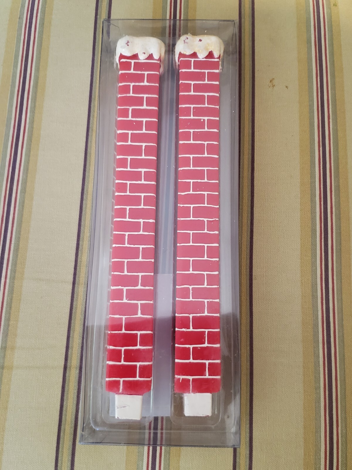 Vintage 10″ Dept 56 Christmas Red Brick Chimney Candles With Snowy Cap New InBox