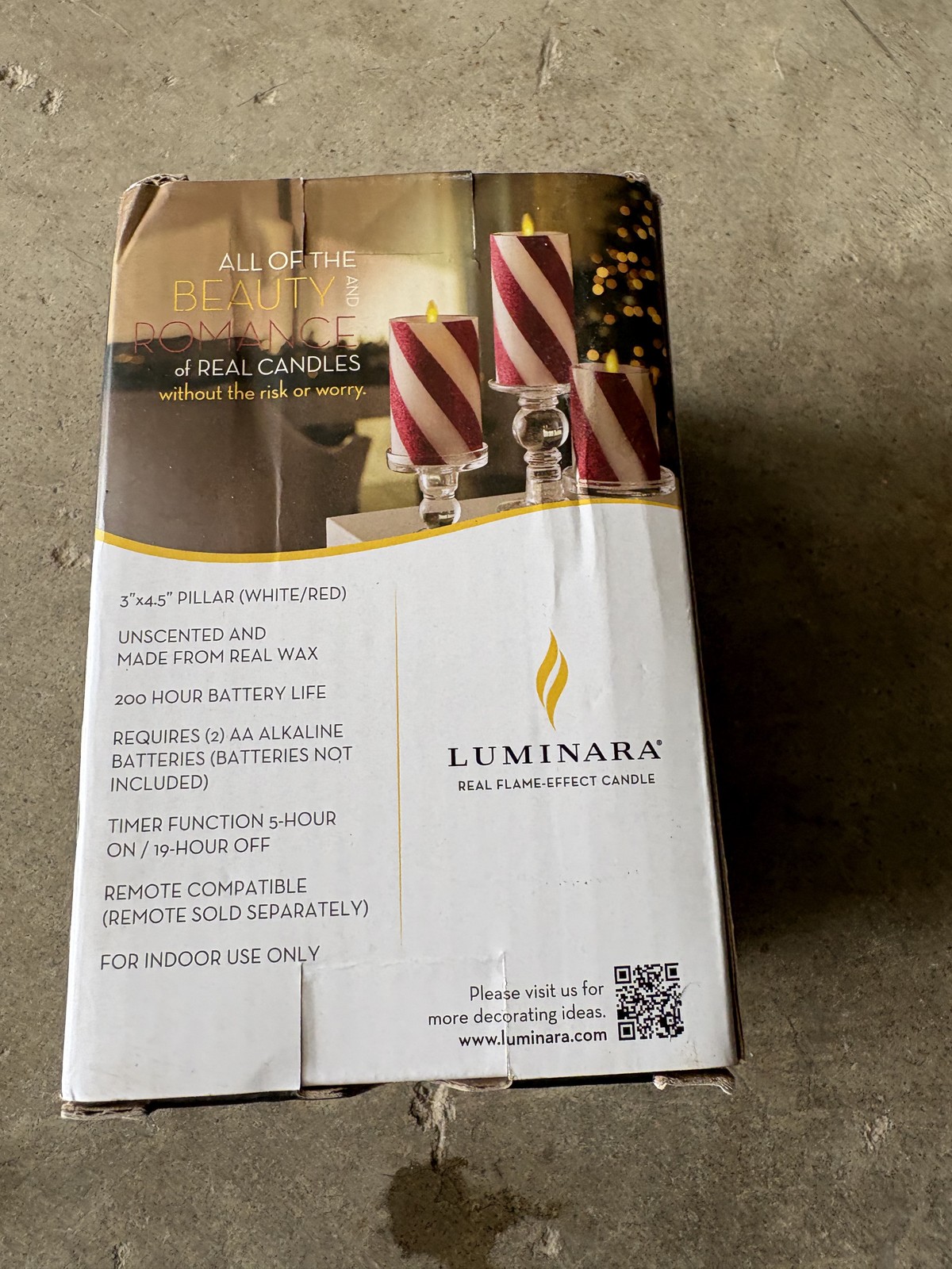Luminara 3″x4.5″ Glitter Stripe Pillar Flameless Candle White Red Real Wax Timer