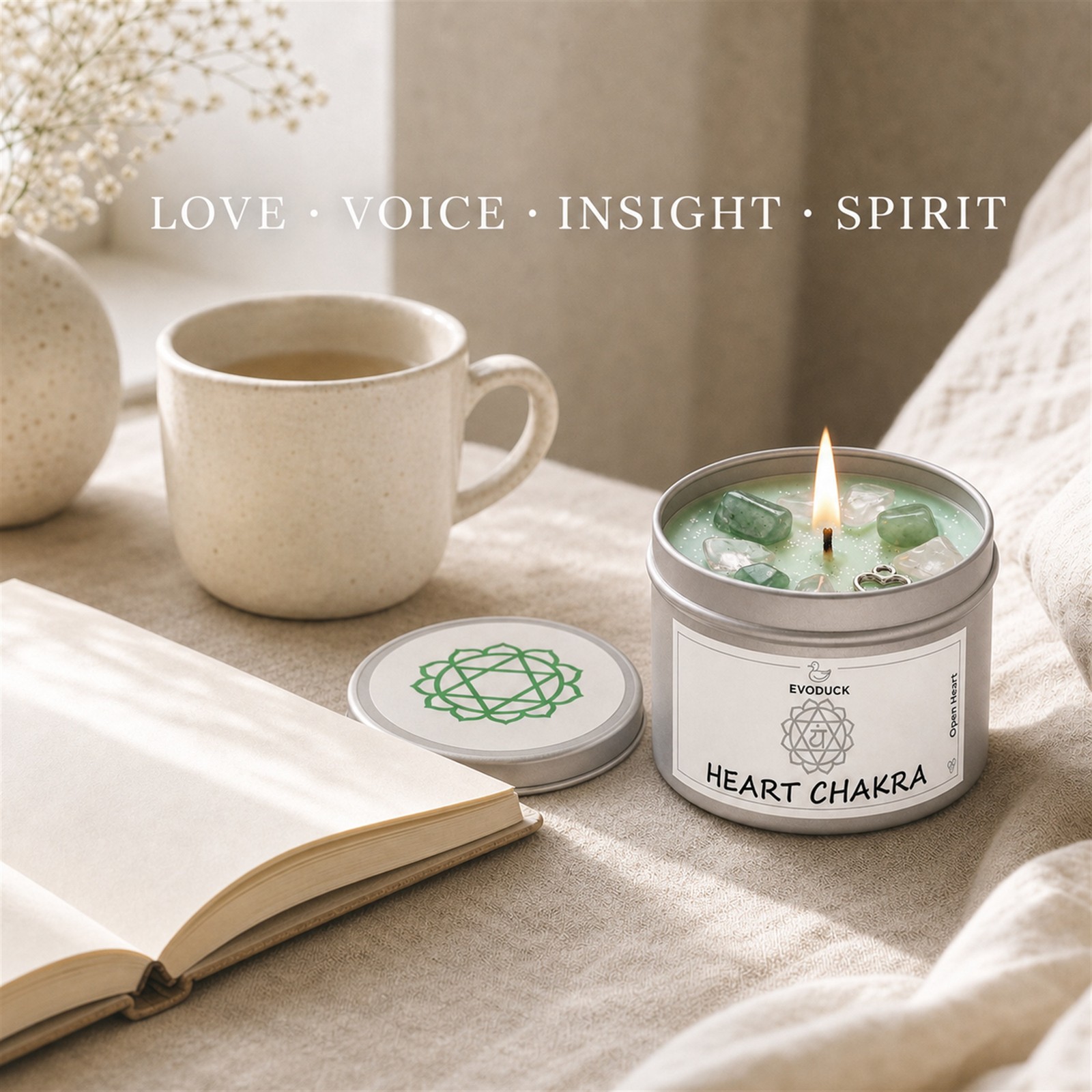 4-Piece EVODUCK Upper Chakra Healing Candle Set, Crystals, Meditation
