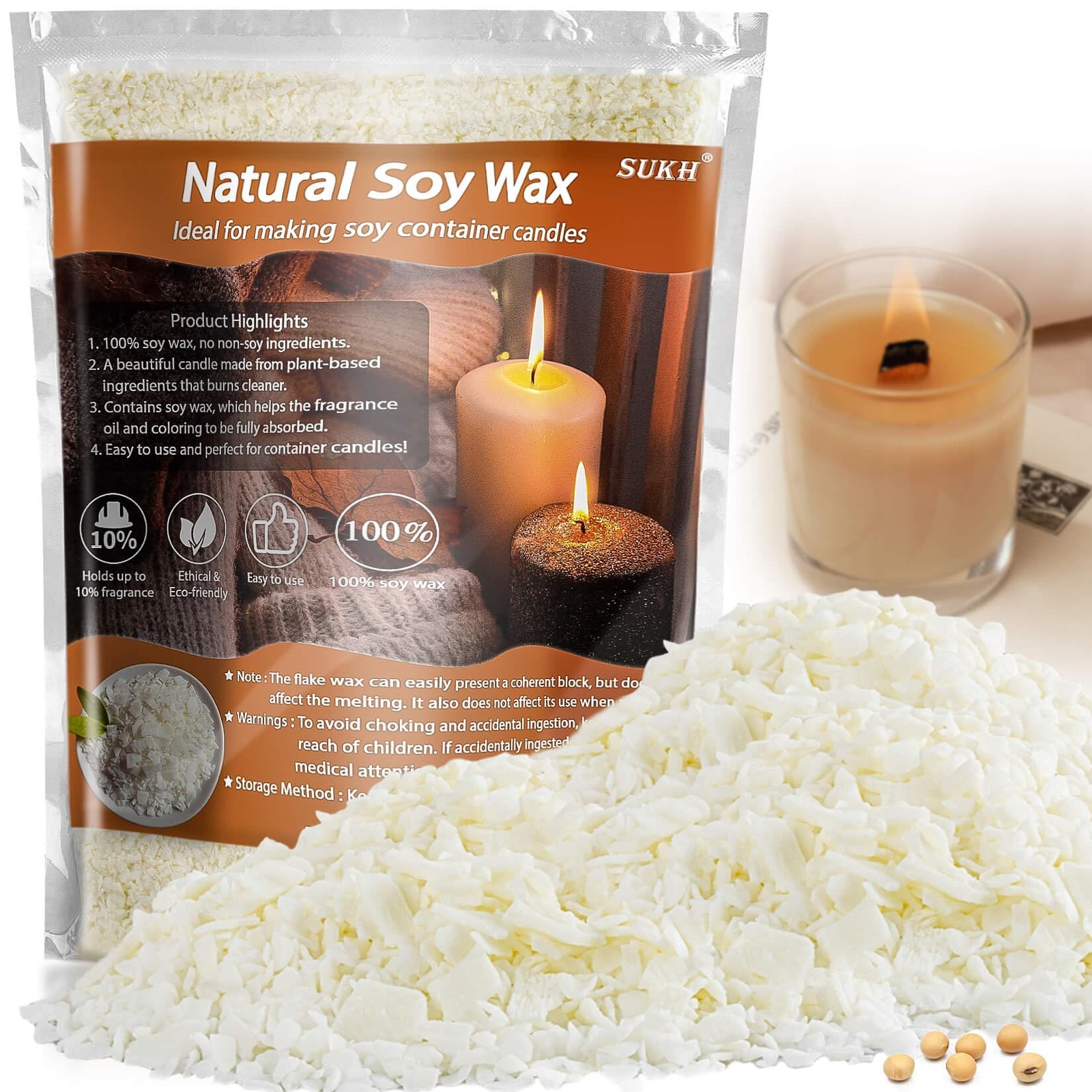 Sukh Soy Wax for Candle Making – Natural Flakes Pure Cera 2 LB, no