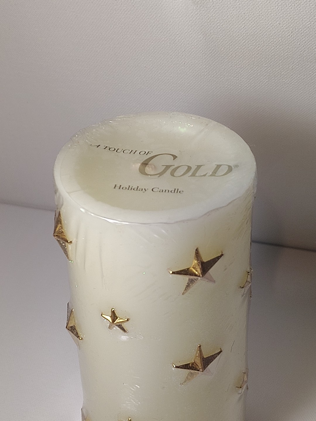 Vintage “A Touch of Gold” Wax Pillar Candle Glitter Cream Gold Stars 6.25″ New