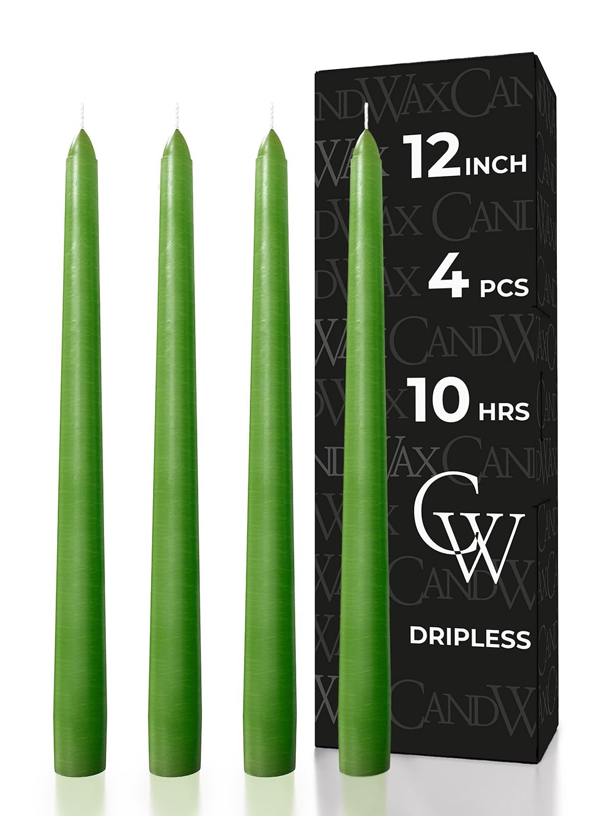 Grass Green Taper Candles Dripless Unscented Long Burning Dinner 4 Pack Set