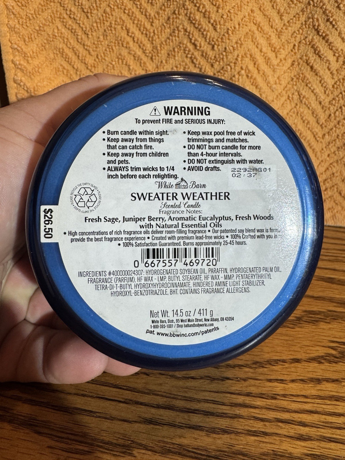 NEW Bath & Body Works SWEATER WEATHER Scented 3 Wick WHITE BARN Candle 25-45 Hrs
