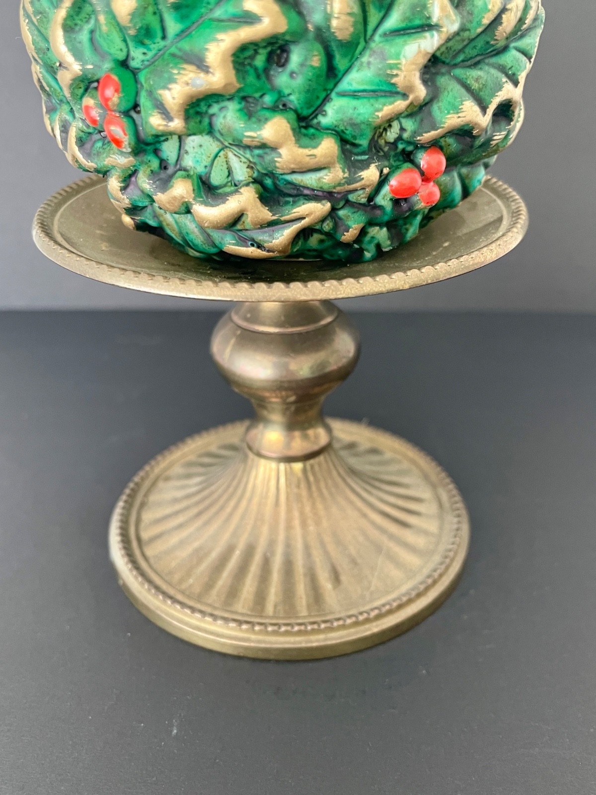 Pier One Christmas Holly Berry Ball Textured Sphere Candle w/Brass Holder
