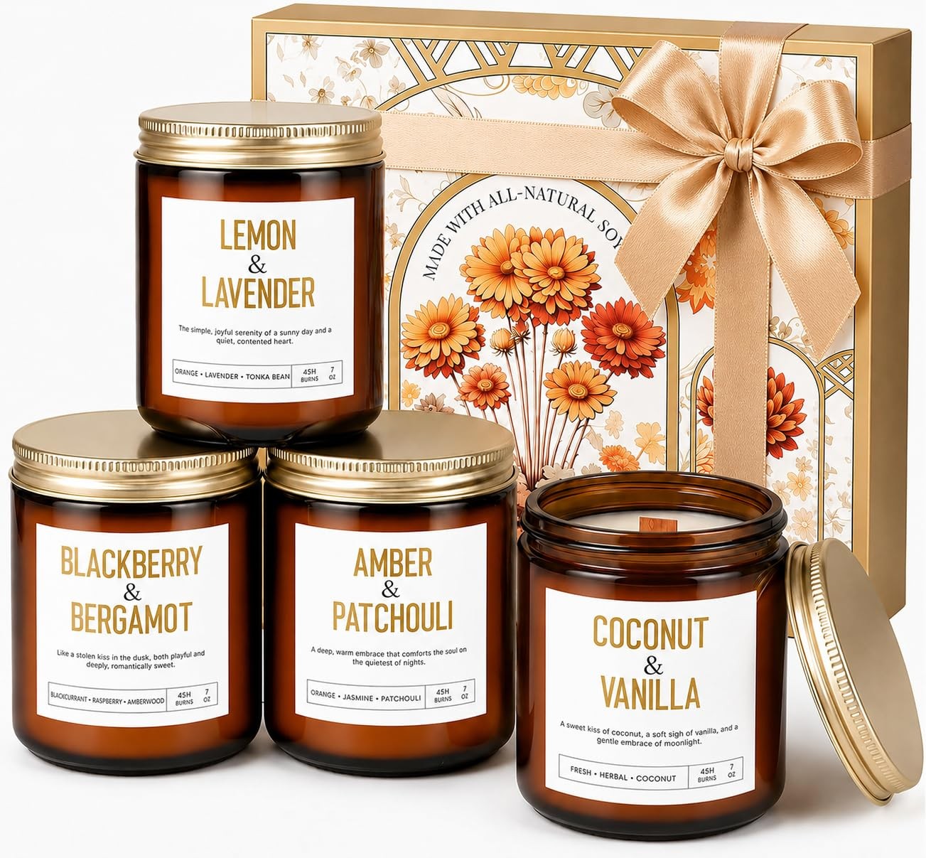 Scented Candle Gift Set, 4 Pack Long Lasting Amber Candles with Wooden Wick |…