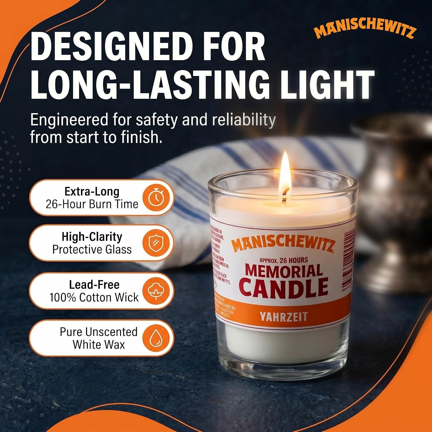 Elegant White Yahrzeit Candles in Glass Tumbler – 26 Hour Burn Time, 4 Pack