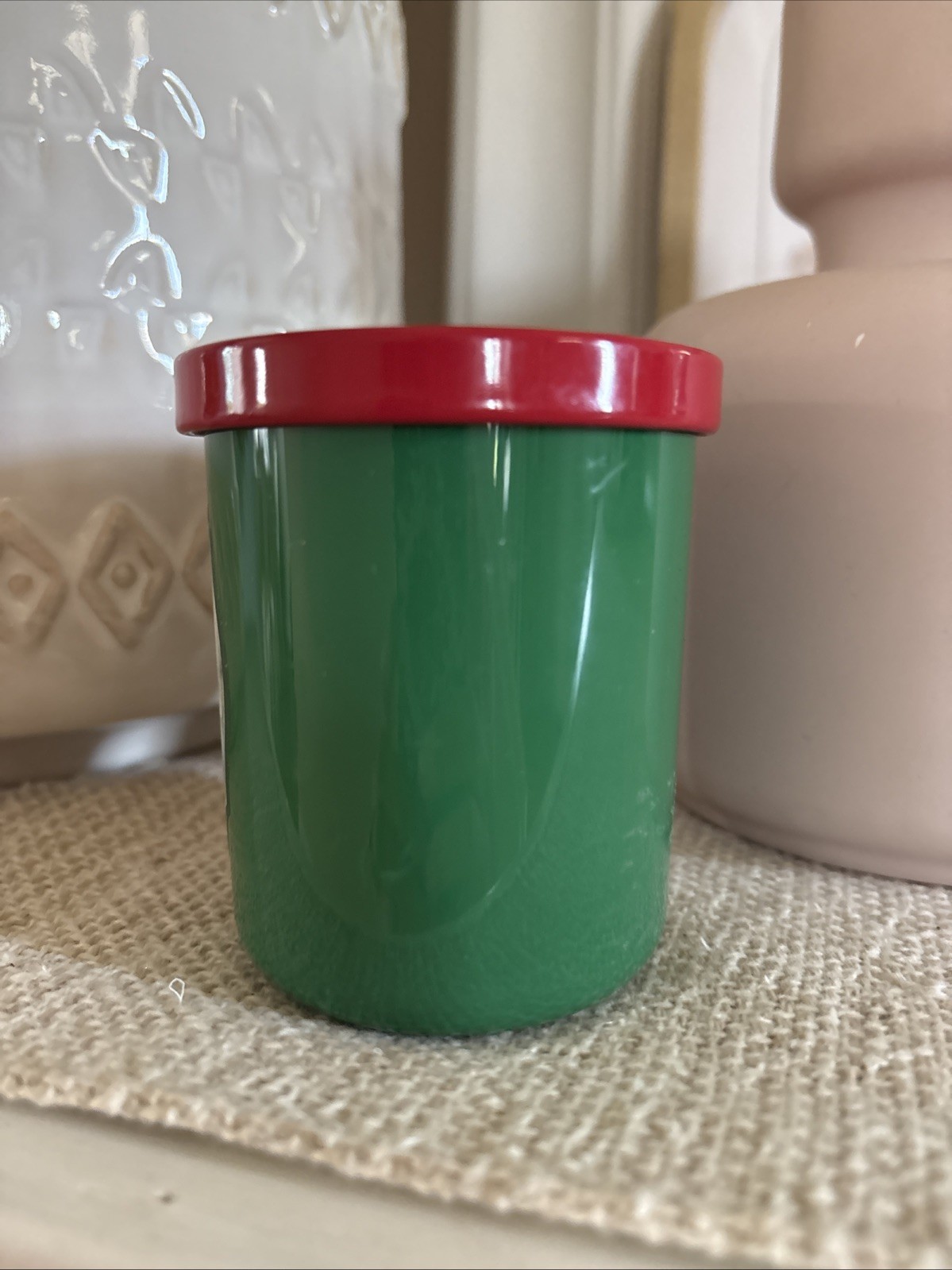 DW Home Evergreen Forest Candle Single Wick Green Red Jar Primitive 3.8 oz NEW
