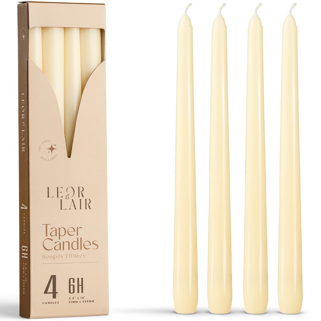 Leor & Lair Taper Candles – 4 Pack – 10″ Tall Candlesticks, Unscented, 6+ Hours