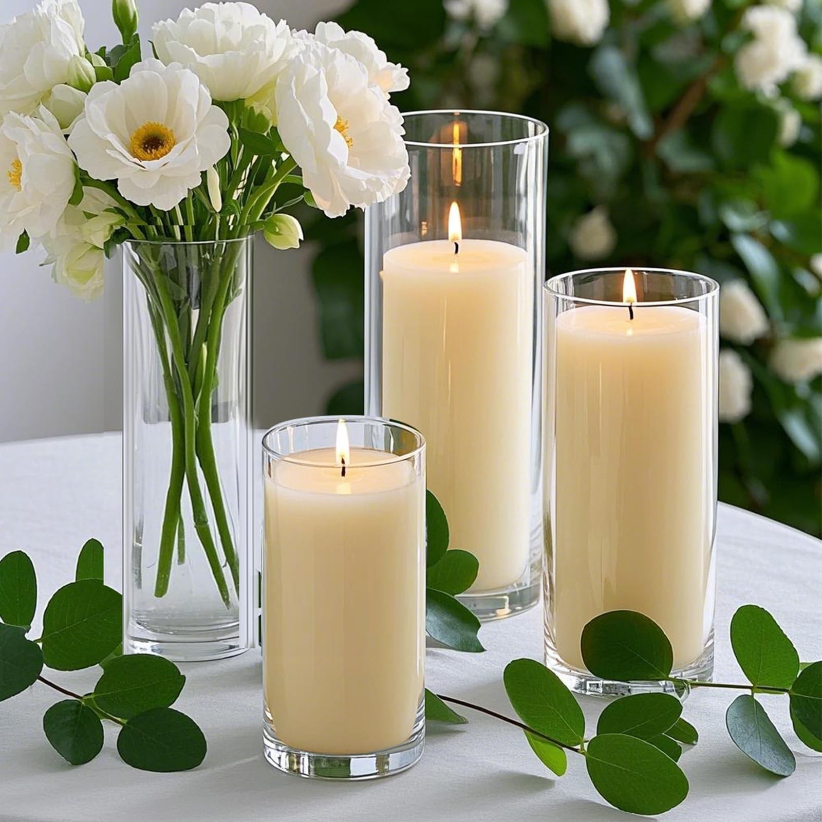 24 PCS Ivory White Pillar Candles Glass Candle Holders Cylinder Vases Homjoy
