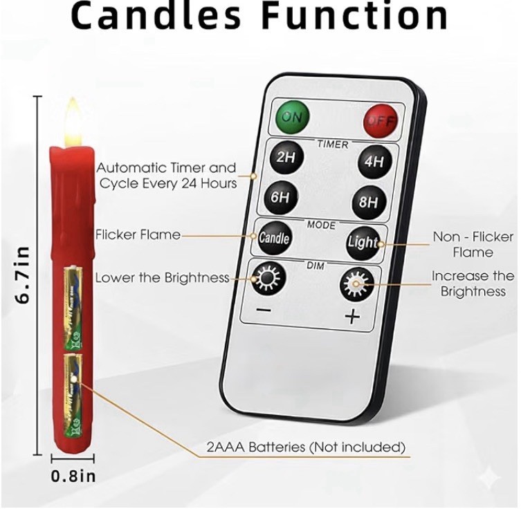 6-Pack Red Flameless LED Taper Candles w/ Remote Timer, AAA Battery, 6.7 in