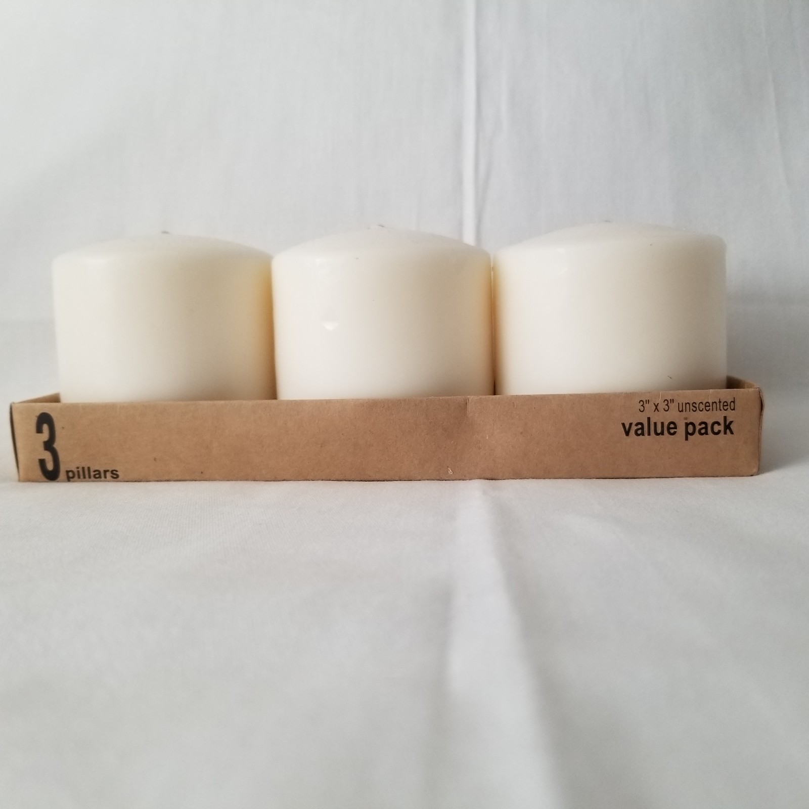3 – Off White 3 x 3 inch Piller Candles New in Open Box Unscented