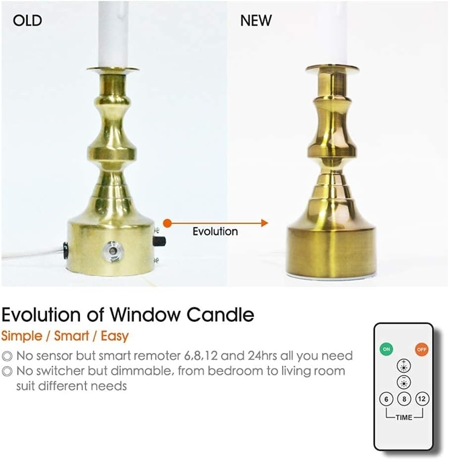 Dimmable Window Candle Electric W/ Multi Timer IR Controller, Metal Base (Brass)