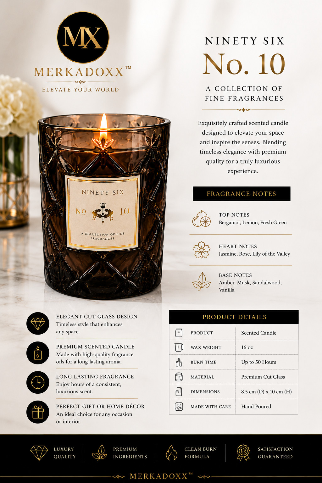 Ninety Six No. 10 Luxury Scented Candle | Premium Cut Glass Jar | Elegant Home D