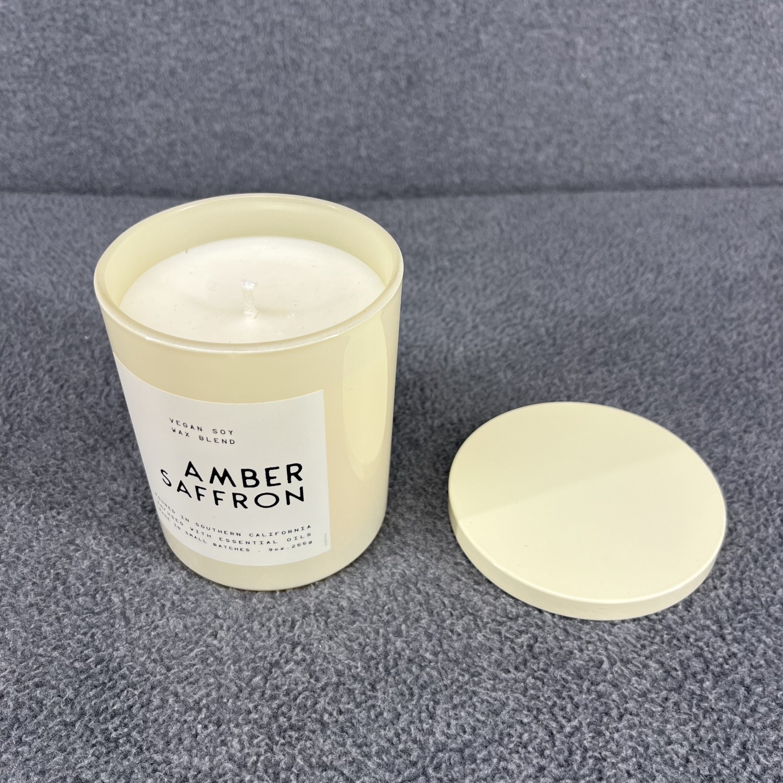 Leoben Co Amber & Saffron Vegan Soy Wax Blend Candle 9 oz beige glass