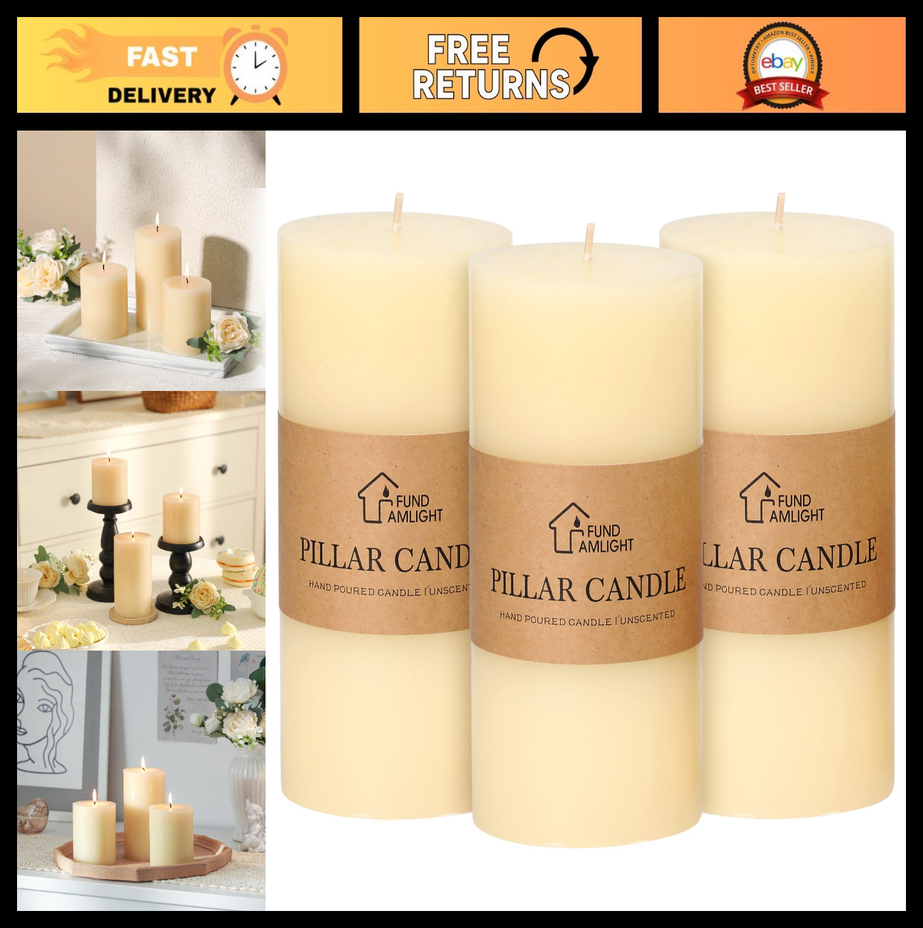 Set of 3 Ivory Pillar Candles 3×6 Inch – Unscented, Long Burning, Dripless for W
