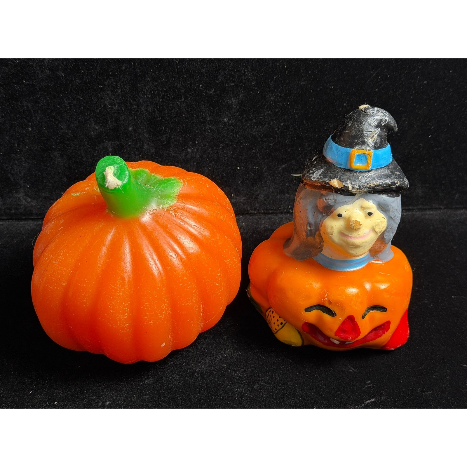 Vintage Halloween Pumpkin and Witch Candle Set: Retro Fall Decor, Orange 2 Piece