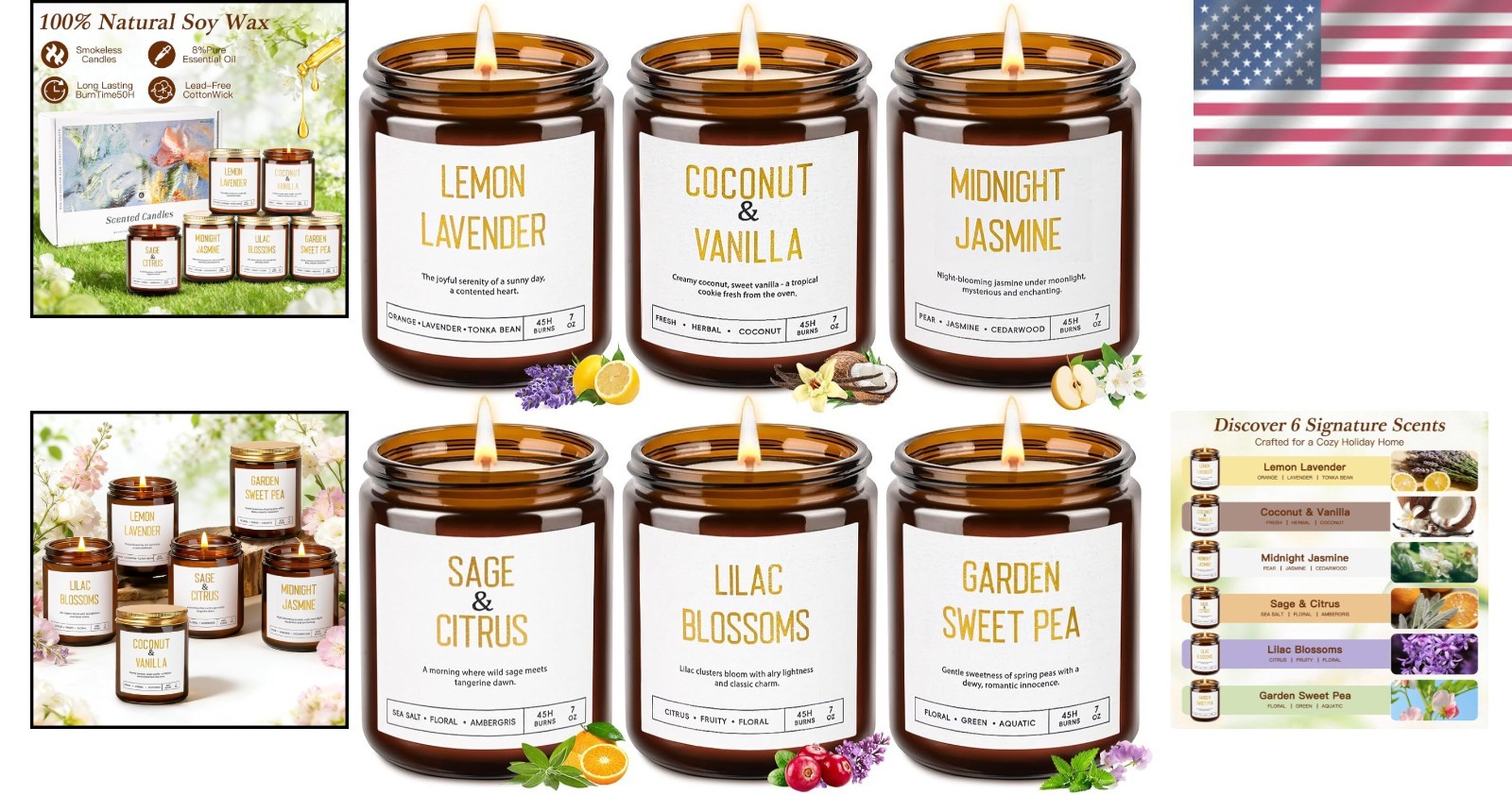 Luxurious 6 Piece Soy Candle Set in Amber Jars – Perfect Gift for Women