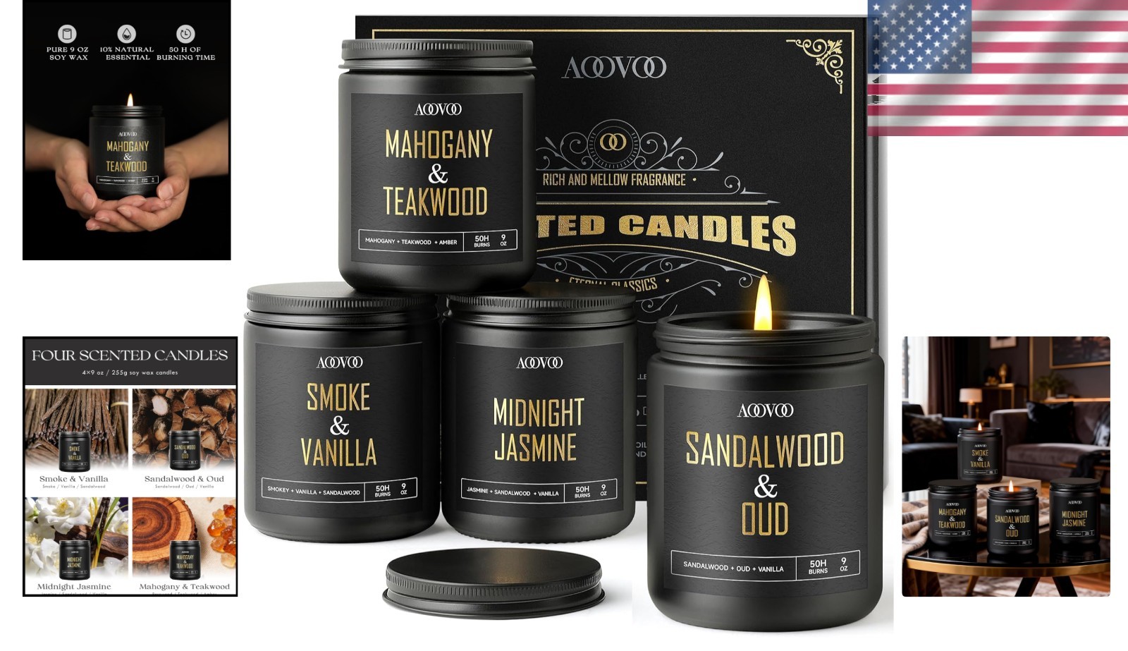 Sophisticated Black Gold Candle Set for Men – 4 Scents, 36oz Luxury Experience