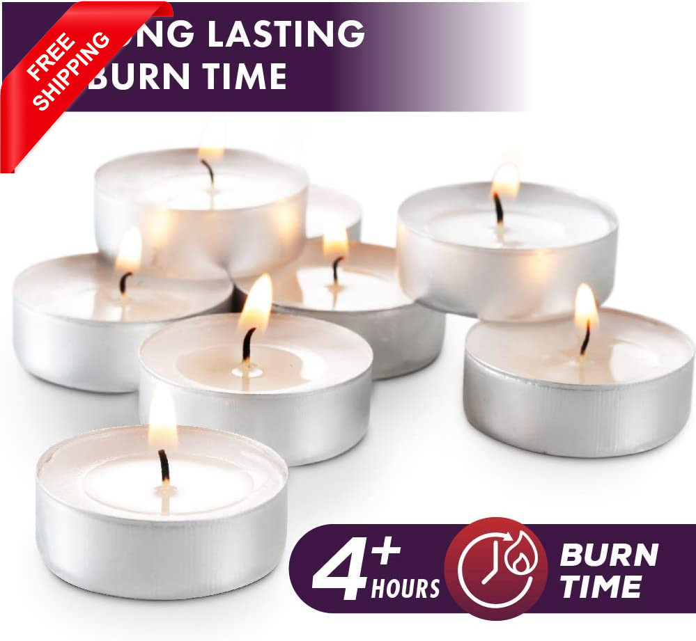 Unscented Tea Light Candles 100 Pack | 4 Hours, White, Smokeless, Dripless Small
