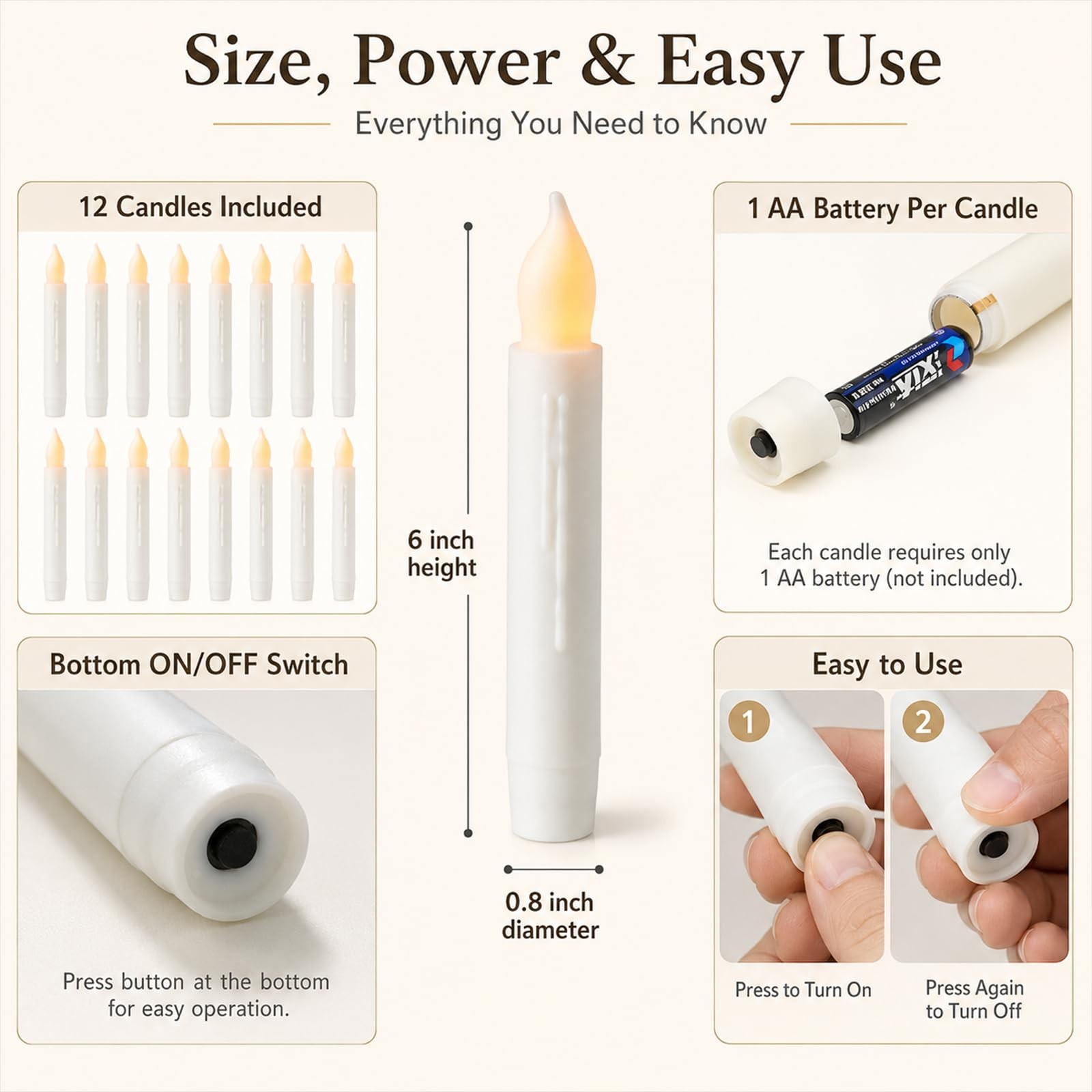 Lezonic 12 Pack Flameless Taper Candles Battery Operated Candlesticks Flickering