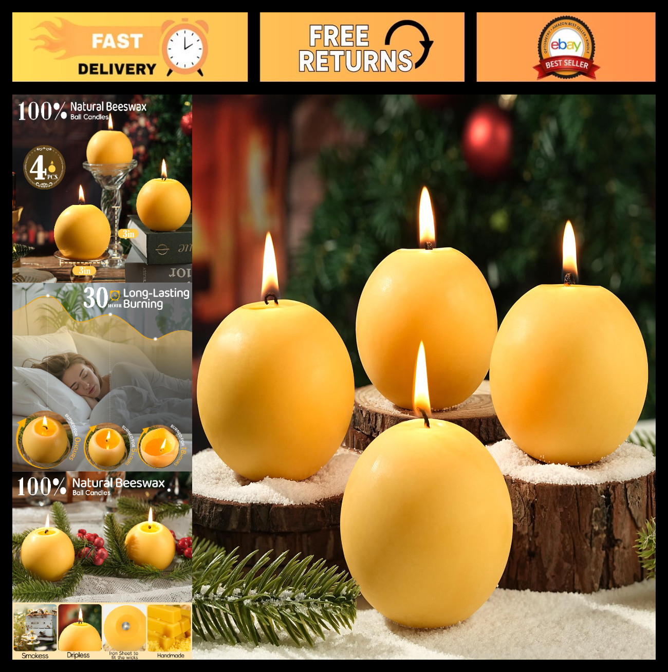 4 Pack Hand-Poured Beeswax Round Candles – 120 Hour Long Burning, Non-Toxic, Uns