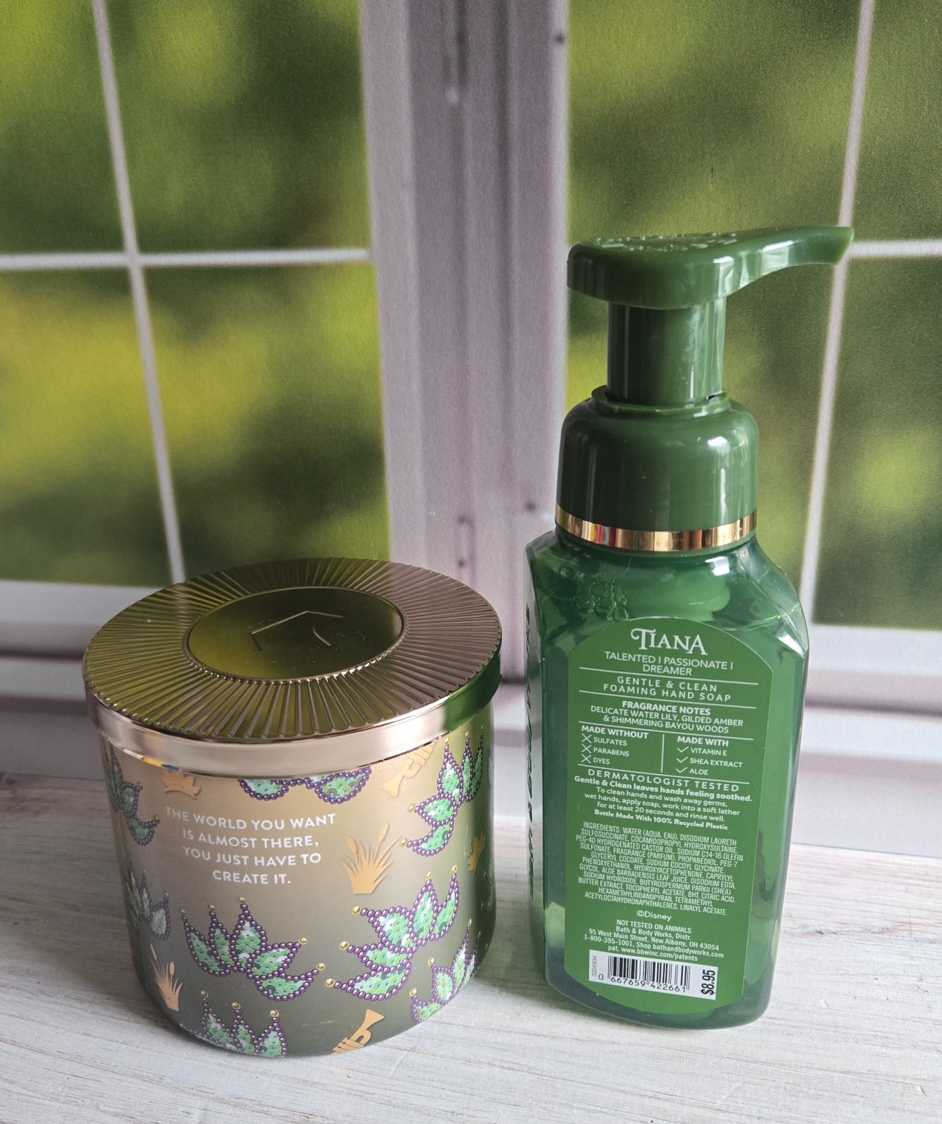 bath and body works disney princess tiana 3 wick candle & foaming hand soap