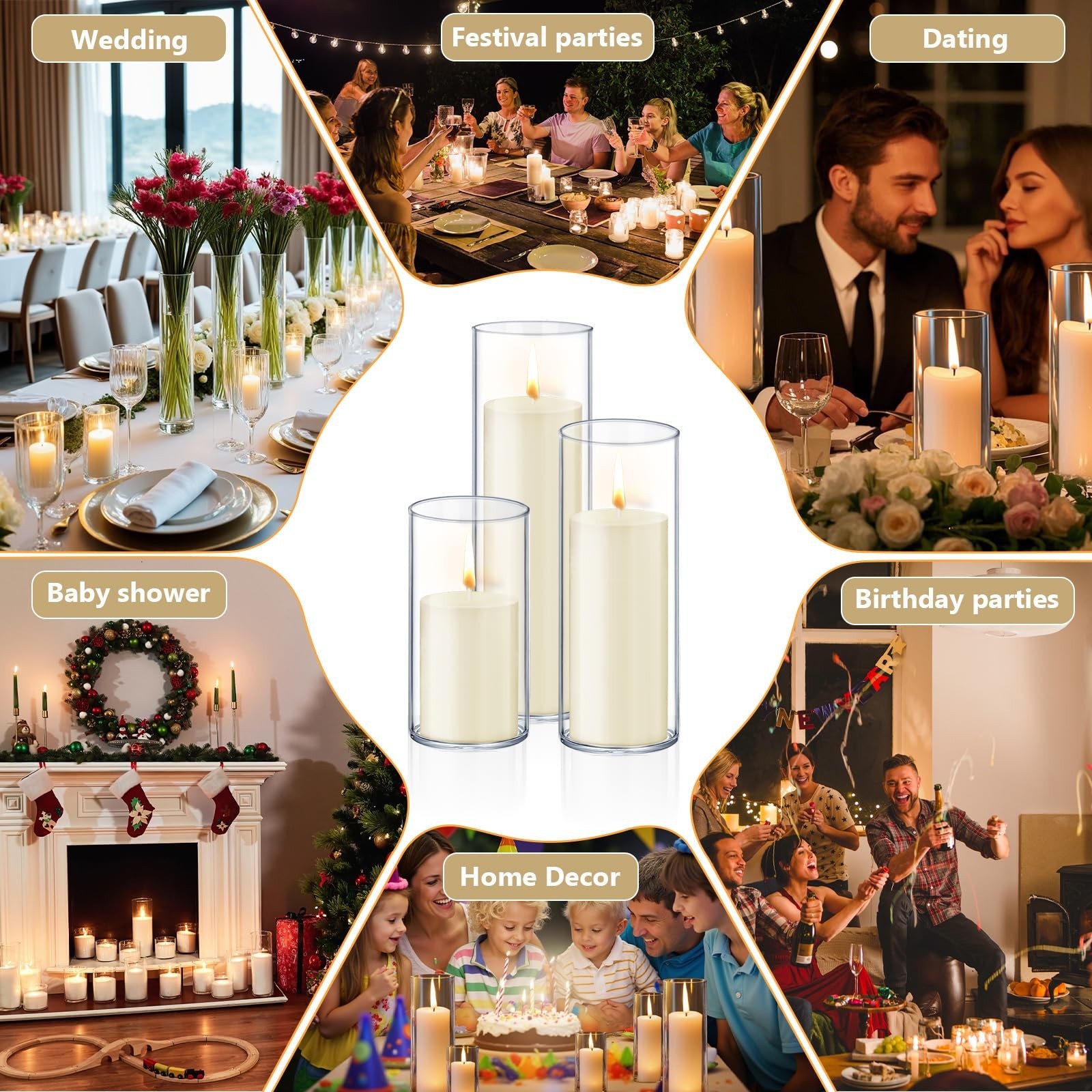 24 PCS Ivory White Pillar Candles Glass Candle Holders Cylinder Vases Homjoy
