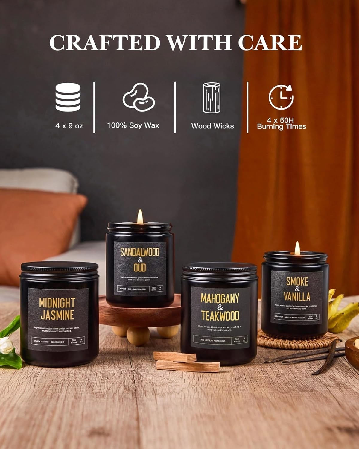 Men’s Candle Gift Set, 4 Pack Crackling Wood Wick Soy Scented Candles, 36oz M…