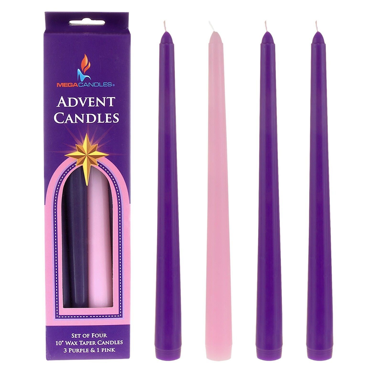 Mega Candles – Unscented 10″ Advent Taper Candle – Assorted, Set of 4